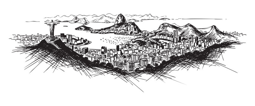 rio de janeiro brazil cityscape tall building engraving sketch vector illustration