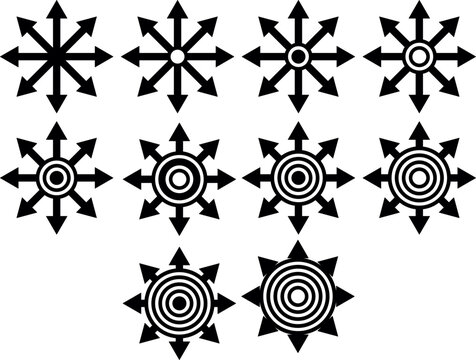 black radial arrow icons arranged in a grid. Each icon features arrows pointing outward in all directions, with concentric circles in the center