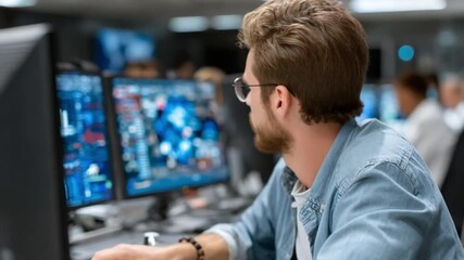 Focused Work at the Computer: A focused professional engages with a computer, the glow of the monitor illuminating the scene, in a modern office setting. - Powered by Adobe