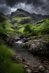 Tranquil Stream Flowing Through Verdant Highland Landscape