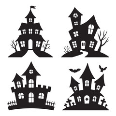 Vector art of collection of four black silhouettes of haunted houses with spooky elements like bats and tombstones isolated on a white background