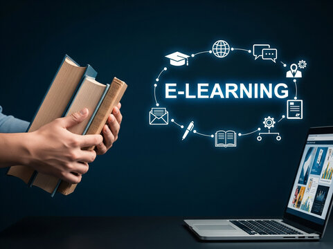 The digital icons represent various e-learning aspects like email, books, globe, and system settings.
 - Powered by Adobe