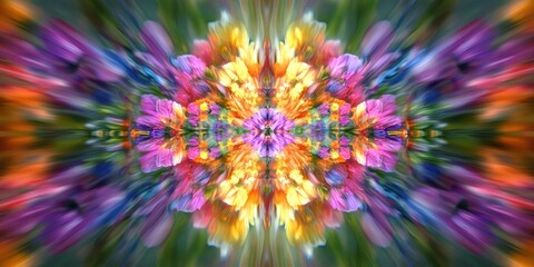 Obraz premium A vibrant field of flowers reflected through a prism, creating an abstract symmetrical design