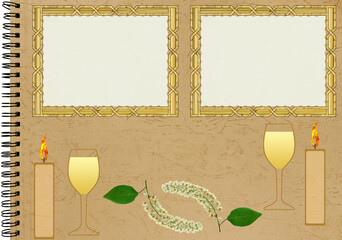 Scrapbook composition with flowers elements, brush, palette, pencil, tube and photo frame. Page for...