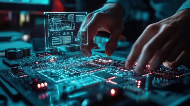 Engineer working on a glowing circuit board with a schematic overlay in a futuristic lab setting - Powered by Adobe