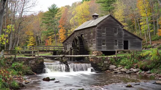 Old Wooden Water Mill with River and Waterfall Under Trees in Countryside Landscape