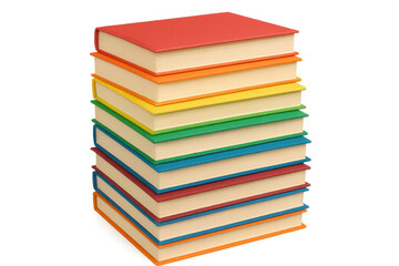Colorful hardcover books arranged vertically, forming gradient spectrum, transparent background highlighting literary collection