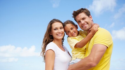 Happy Family Portrait - Smiling Parents and Daughter Outdoors