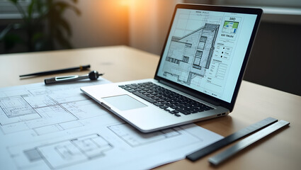 Construction Perspective table scene with laptop showing digital CAD plan beside printed blueprints and traditional tools like compass and metal ruler