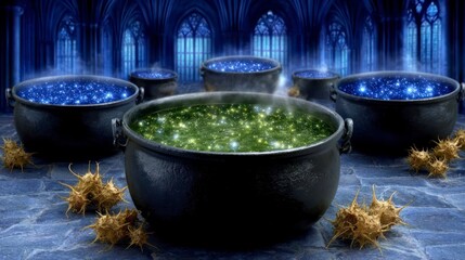 Bubbling cauldrons filled with shimmering liquid set within a gothic hall