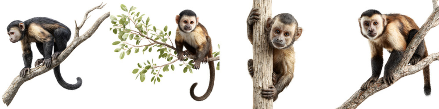 Curious Capuchin Monkeys Posing in Trees on White Background