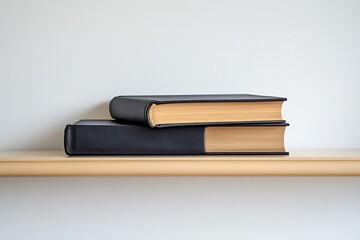 Stack of bound books on a shelf against a white wall offering a simple and clean aesthetic
