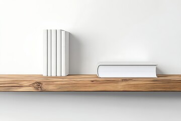 White books on wooden shelf against blank wall creating minimalist interior design concept