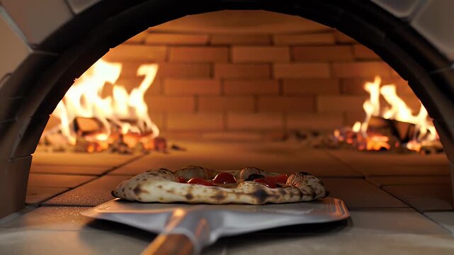 Pizza Baking Inside a Hot Wood Fired Brick Oven With Bright Orange Flames