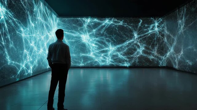 Man stands in front of a large screen with a blue background. faceless researcher observing floating quantum interface with entanglement display, glowing blue room, quantum ai development