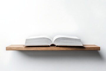 Open book on wooden shelf against white wall for reading, knowledge and learning concept