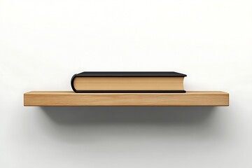 Book with a black cover lying on a wooden shelf against a white wall background
