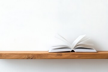 Open book on wooden shelf against white wall offering knowledge and education concept