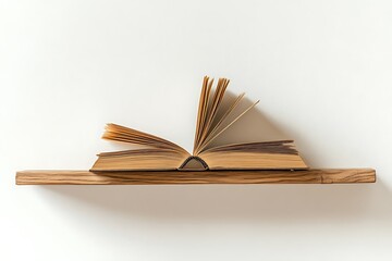 Open book resting on a wooden shelf against white wall perfect for reading and knowledge