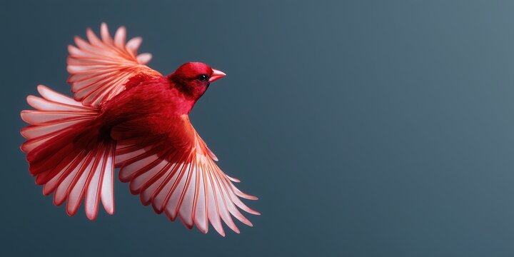 A vibrant red bird in flight captured against a soft focus background in pastel tones creating a stunning visual of nature in motion