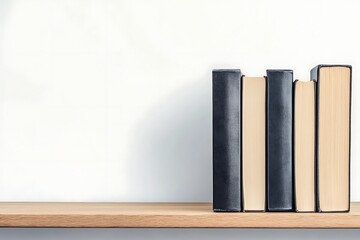 Books on a shelf against a white wall create an atmosphere of learning and wisdom