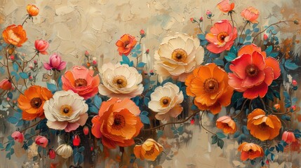 Colourful flowers on beige background.