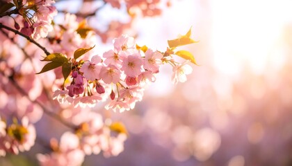 Obraz premium Blossoming cherry trees in soft sunlight