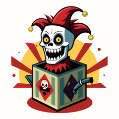 Scary jack in the box clown with a menacing grin emerging from a box