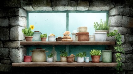 Fototapeta premium Rustic stone wall wooden shelves filled with plants pots and jars beside a large window