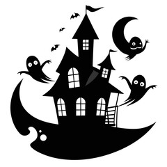 Spooky halloween scene with ghosts floating around a crooked haunted house silhouette