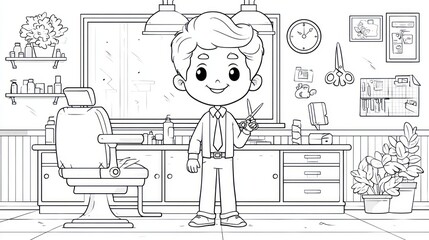 A young boy in a barbershop, coloring book illustration