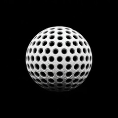 A white sphere, uniformly perforated with numerous circular holes, is centered against a stark black background