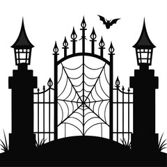 Spooky mansion gates with cobwebs and atmospheric fog perfect for halloween