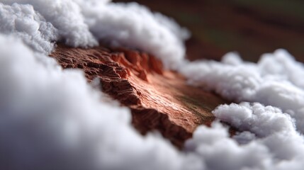 Close up textured rock formation with soft white clouds on a dark background