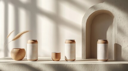 Beige cans on a shelf, minimalist display, natural light