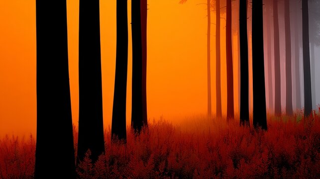 Dense forest with tall black trees and vibrant orange misty atmosphere
