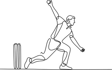 Continuous line drawing of a cricket bowler in action isolated on white background
