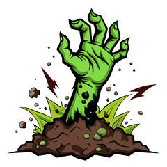 Undead hand emerges from the earth scattering dirt and debris with a powerful force