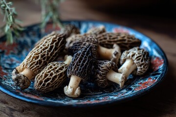 Obraz premium Morel mushrooms presented on a blue and black dish