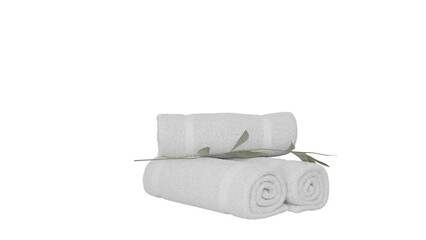 3D Render a stack of three white towels with a green leaf on top