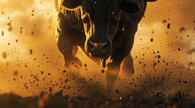 A powerful black bull charges directly at the camera in a dusty country rodeo arena at sunset. Dynamic action, flying dirt, and dramatic lighting capture the raw energy of the moment.
