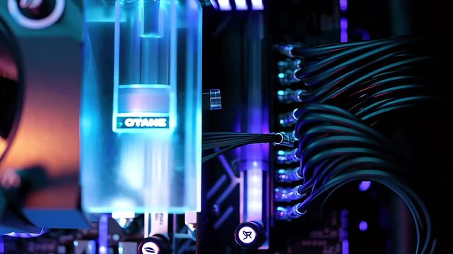 A closeup view of a highend gaming pc with custom liquid cooling and vibrant rgb lighting