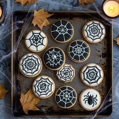 meticulously decorated "spiderweb" sugar cookies with black icing and white web designs, placed on a distressed silver baking sheet amidst scattered cobwebs and dried leaves, with a subtle, blurred ca