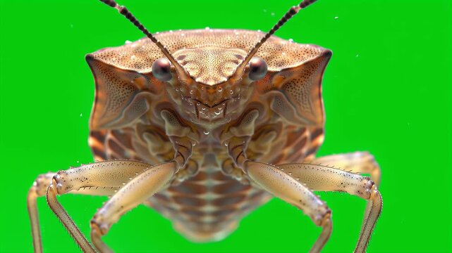 Macro Close-up of a Brown Stink Bug Against a Vibrant Green Background, Detailed Front View of an Insect Pest