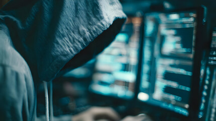a hooded jacket coding in front of a massive virtual command center
