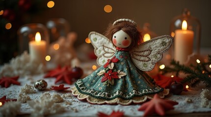 Obraz premium Cute Christmas Fairy Doll Ornament with Wings Wearing Blue Dress Sitting Amid Christmas Decorations