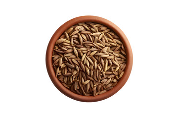 Cumin seeds in a small brown bowl on black background