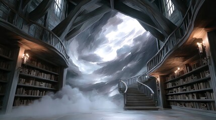 Dark library with sweeping staircase leading to stormy sky portal clouds