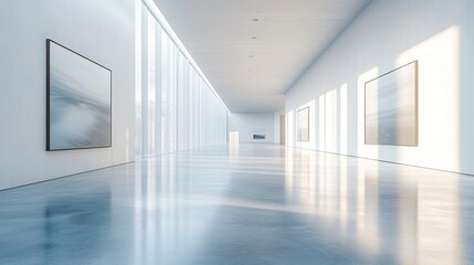 Obraz premium Modern art gallery hallway, bright and empty, showcasing abstract paintings. Use Stock photo for architecture, interior design, or art exhibitions