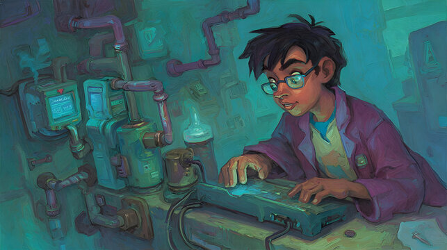 an AI programmer writing autonomous machine code inside a digital mindscape